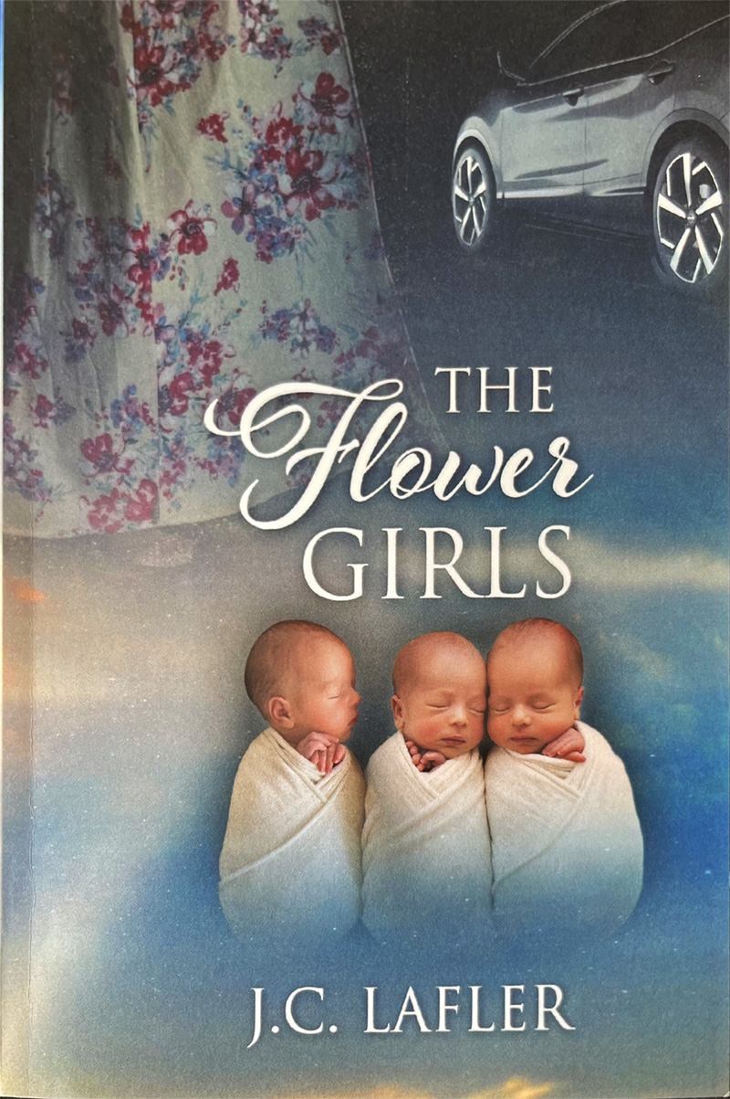 A book cover with three triplets, a dress, and a car in the background